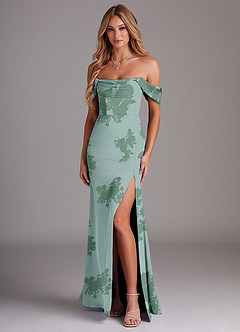 Azazie Saige Robes de demoiselle d'honneur Robe Fourreau en Satin extensible Épaule décolletée Fleurs De Sauge Poussiéreuse image1