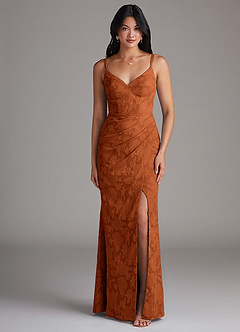 Azazie Leo Bridesmaid Dresses Burnt Orange Sheath Pleated Floral Burnout Dress image1