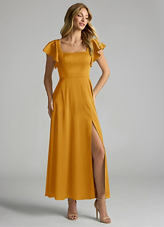 Azazie Bondi Bridesmaid Dresses Butterscotch A-Line Ruched Stretch Satin Dress image1