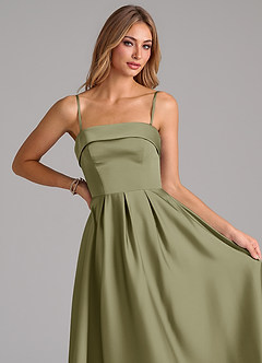 Azazie Lucienne 신부 들러리 드레스 A라인 주름진 스트레치 새틴 발목 길이 드레스 image2