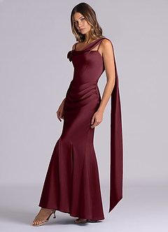 Azazie Inara Bridesmaid Dresses Cabernet Mermaid Pleated Stretch Satin Dress image3