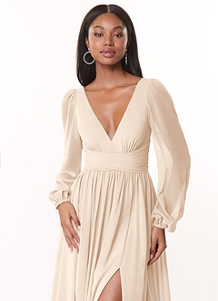 Azazie Norah Brautjungfernkleider A-Linie Lange Ärmel mit V-Ausschnitt Chiffon Kleid Alabaster Weiß image5