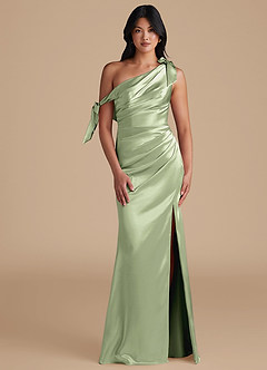 Azazie Xyla Bridesmaid Dresses Dusty Sage Sheath Off the Shoulder Metallic Satin Convertible Dress image1