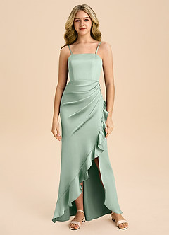 Azazie Buzzy Junior Jurk van Stretch Satijn met Kolom Geplooid Agave image3