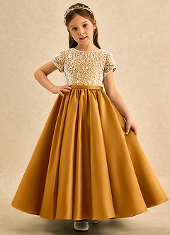 Azazie Cashew Flower Girl Dresses Butterscotch Ball-Gown with Sleeves Matte Satin Dress image2
