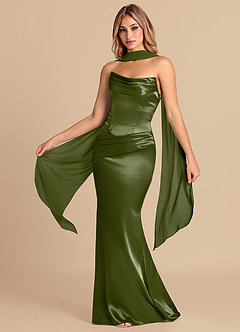 Azazie Sorrel Bridesmaid Dresses Olive Mermaid Corset Metallic Satin Convertible Dress image1