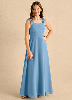 Azazie Masie Girls Formal Jurken voor bloemenmeisjes A-Lijn Jurk van Chiffon Geplooide Staal Blauw image4
