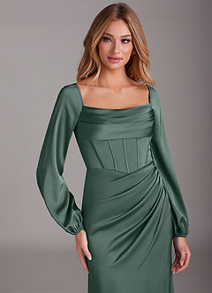 Azazie Charissa Bridesmaid Dresses Sea Moss Sheath Long Sleeve Stretch Satin Dress image7