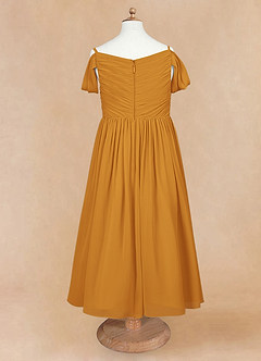 Azazie Chelle Robe Demoiselle D'honneur Fillette Robe Trapèze en Mousseline de soie Plissée Caramel écossais image7