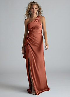 Azazie Maive Bridesmaid Dresses Clay Sheath Ruched Stretch Satin Dress image1