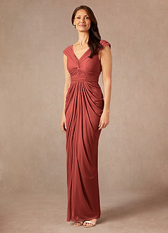 Azazie Lisolette Mother of the Bride Dresses Terracotta Sheath Pleated Mesh Dress image4