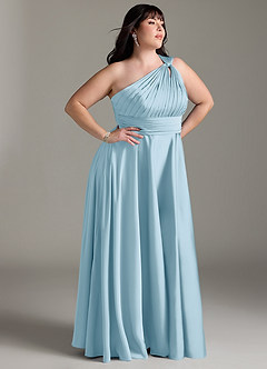 Azazie Charlize Bridesmaid Dresses Sky Blue A-Line One Shoulder Stretch Satin Dress image12