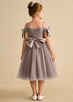 Azazie Amie Flower Girl Dresses Taupe A-Line Off the Shoulder Matte Satin Dress image2