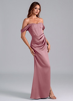 Azazie Asha Bridesmaid Dresses Vintage Mauve Sheath Off the Shoulder Stretch Satin Convertible Dress image3