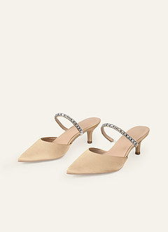 front Scarpe con tacco a gattino slip-on in raso elasticizzato con strass in tinta
