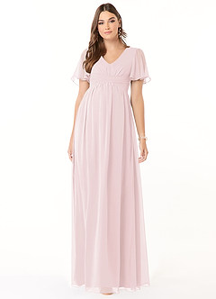 Azazie Verna Zwangerschaps Bruidsmeisjekleding A-Lijn V-hals Gerimpeld Chiffon Vloerlengte Jurk image1