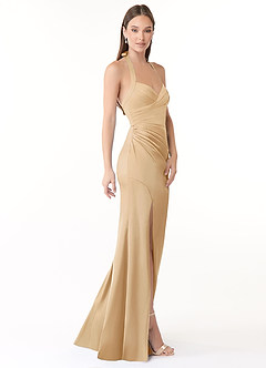 Azazie Emeria Bridesmaid Dresses Gold Mermaid Pleated Stretch Satin Dress image4