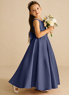 Azazie Pipsy Robe Demoiselle D'honneur Fillette Robe Trapèze en Mat Satiné Arc Bleu Orageux image3