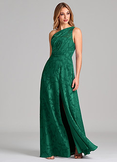 Azazie Phaedra Bridesmaid Dresses Emerald A-Line One Shoulder Floral Burnout Dress image3