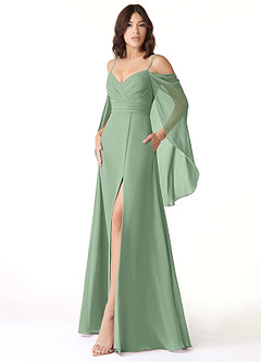 Azazie Cienna Robes de demoiselle d'honneur Robe Trapèze en Mousseline de soie Épaule décolletée Matcha image4