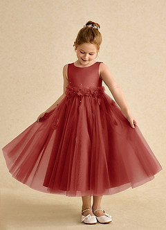 Azazie Lux Flower Girl Dresses Terracotta A-Line Beaded Tulle Dress image3