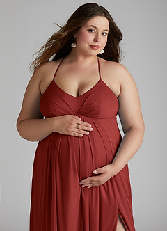 Azazie Annabelle Maternity Bridesmaid Dresses A-Line V-Neck Pleated Mesh Floor-Length Dress image11