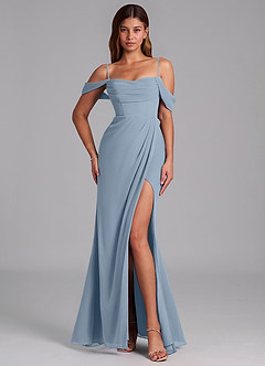 Azazie Johana Vestidos de damas de honor Vestido Azul Polvoriento de Gasa de Corte Sirena Convertible con Hombros descubiertos image4