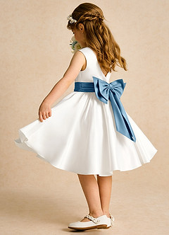 Azazie Sosie Flower Girl Dresses Ivory Steel Blue A-Line Pleated Matte Satin Dress image4