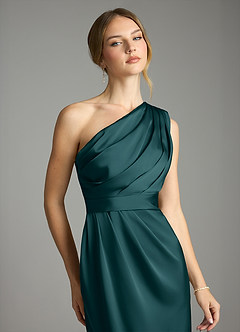 Azazie Emorie Final Sale Pine Sheath One Shoulder Stretch Satin Dress image2