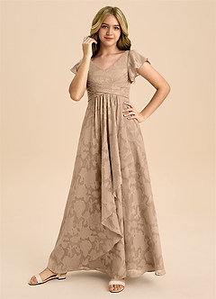 Azazie Omari Junior A라인 주름진 플로럴 번아웃 플로어 길이 주니어 신부 들러리 드레스 image5