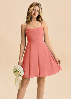 Azazie Bear Junior Abito A-Line in Chiffon Plissettato Salmone Rosa image1