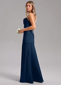 Azazie Grata Bridesmaid Dresses Dark Navy Sheath Side Slit Stretch Satin Dress image5