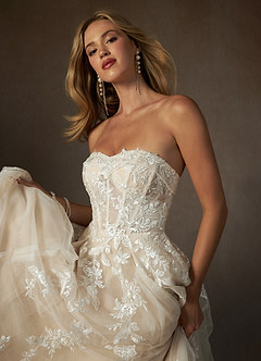 Azazie Keri Wedding Dresses Diamond White Nude Ball-Gown Strapless Lace Dress image4