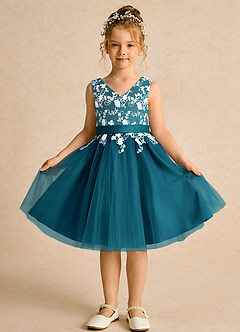 Azazie Butterfly Flower Girl Dresses Ink Blue A-Line Lace Dress image2