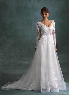 Azazie Leila Wedding Dresses Diamond White A-Line V-Neck Sequins Tulle Dress image3