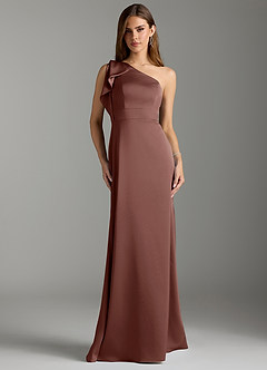 Azazie Rinna Bridesmaid Dresses Espresso Mermaid Ruched Stretch Satin Dress image1