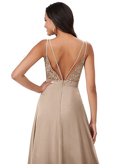 Azazie Lennon Bridesmaid Dresses Taupe A-Line Lace Chiffon Dress image2