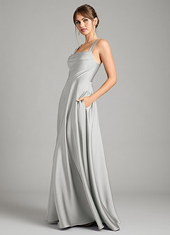 Azazie Shaude Bridesmaid Dresses Silver A-Line Pleated Stretch Satin Dress image4