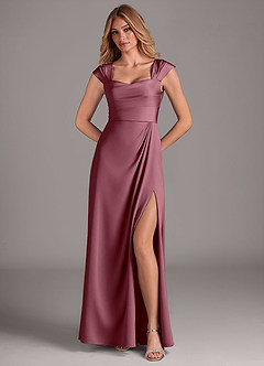 Azazie Laila Vestidos de damas de honor Vestido de Rosa Del Desierto de Satén Elástico de Corte en A con Plisado image4