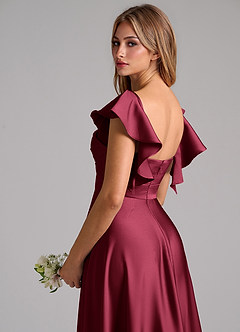 Azazie Leilani Bridesmaid Dresses Burgundy A-Line Ruched Stretch Satin Dress image9