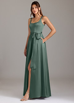 Azazie Elliott Bridesmaid Dresses Sea Moss A-Line with Pockets Stretch Satin Dress image4
