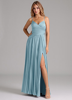 Azazie Vini Robes de demoiselle d'honneur Robe Trapèze en Satin extensible Plissée Bleu Maussade image3