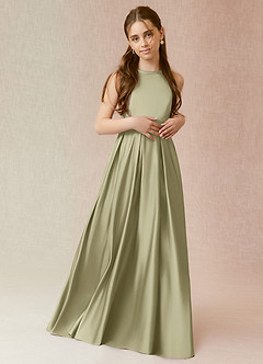 Azazie Arianthe Junior Pistachio A-Line with Pockets Stretch Satin Dress image2