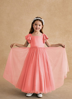 Azazie Suzy Flower Girl Dresses Coral A-Line with Sleeves Tulle Dress image5