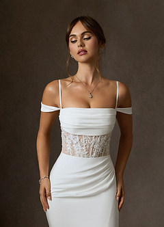 Azazie Alyce Vestidos de novia Vestido de Blanco Diamante Nude de Satén con cara trasera de crepé de Corte Sirena con Vestidos sin tirantes image4