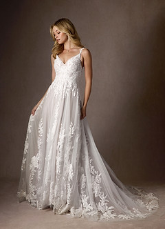 Azazie Delaina Vestidos de novia Vestido de Blanco Diamante Moca de Tul de Corte en A con Lentejuelas cuello pico image2
