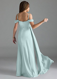 Azazie Amyra Junior Sea Glass Sheath Off the Shoulder Stretch Satin Dress image2
