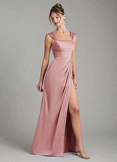 Azazie Filippa Vestidos de damas de honor Vestido Rosa Polvorienta de Satén Elástico de Línea A con Plisado image5