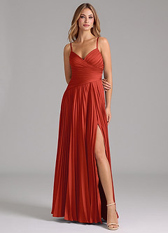 Azazie Vini Bridesmaid Dresses Rust A-Line Pleated Stretch Satin Dress image4