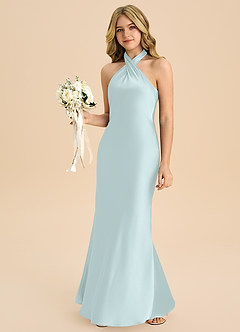 Azazie Chickie Junior Robe Fourreau en Satin extensible Plissée Verre De Mer image4